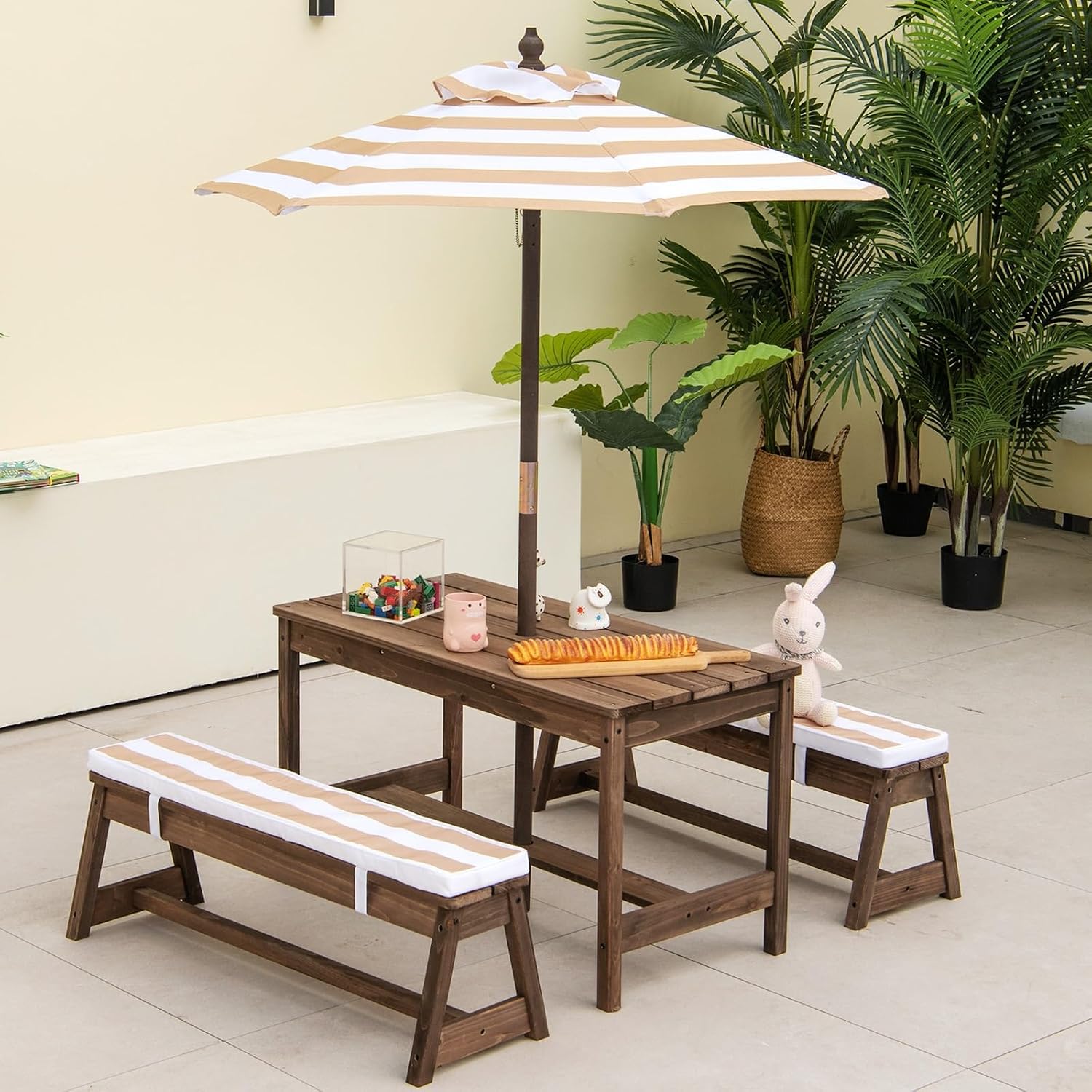 Kids Outdoor Table With Umbrella - Mesa de piquenique infantil de madeira