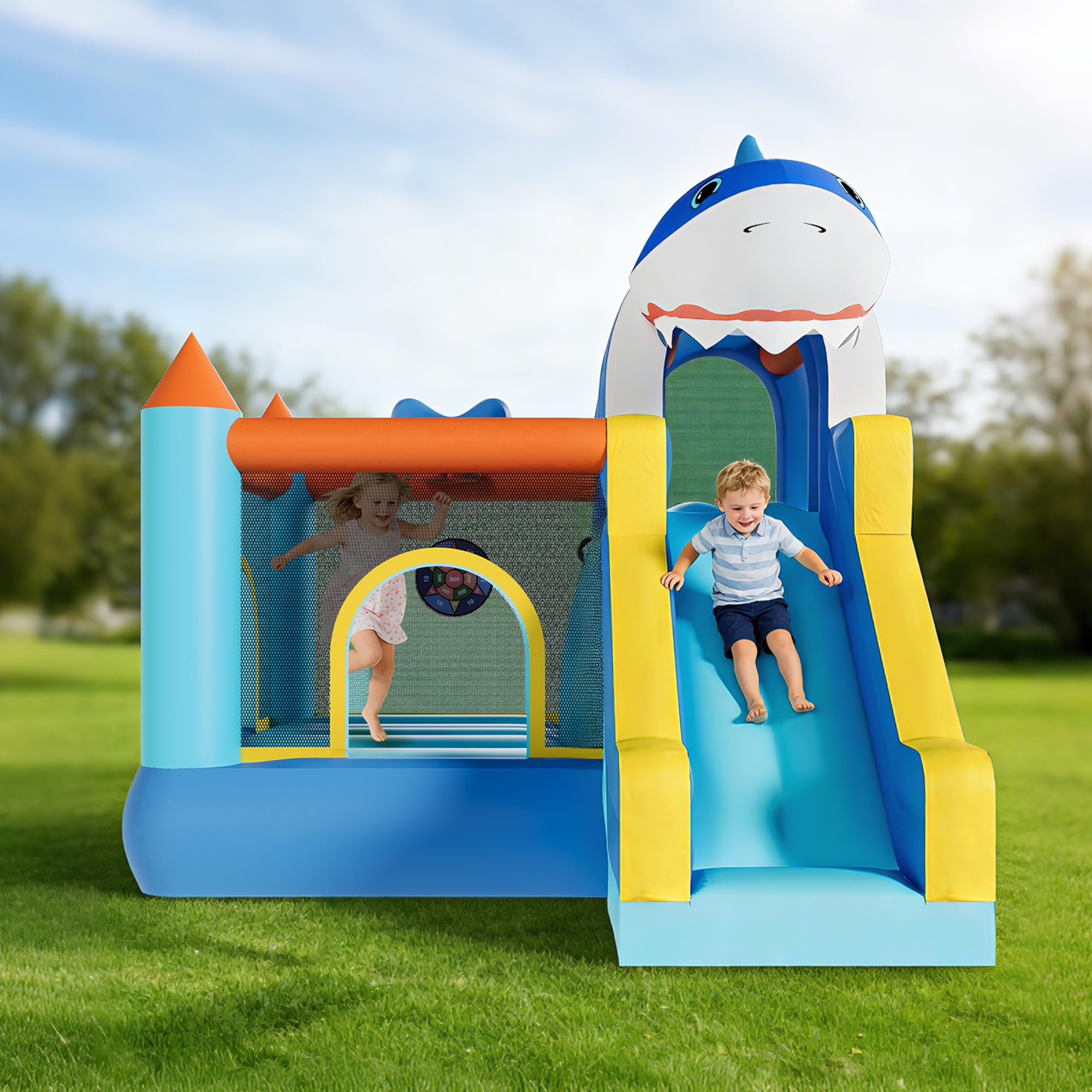 Kids Outdoor Climbing Equipment - Castelo Inflável com Escorregador e Ventilador,
