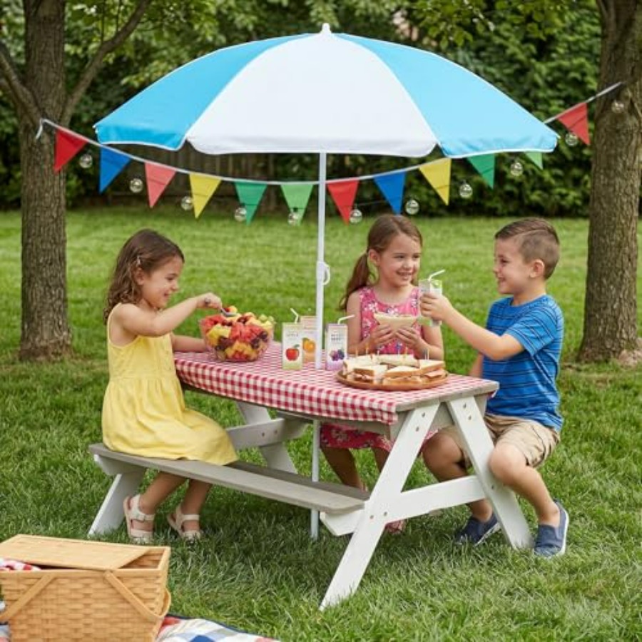 Mesa de piquenique infantil pa - Kids Outdoor Table With Umbrella avaliação e preço