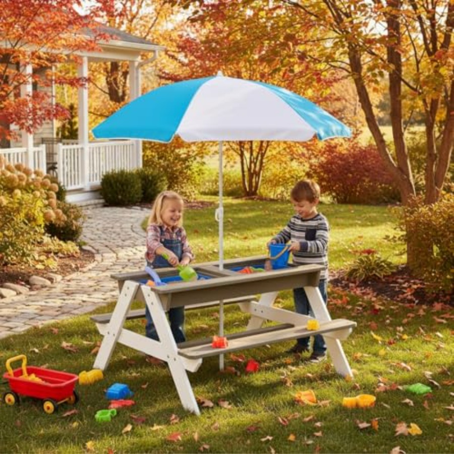 Mesa de piquenique infantil pa - Kids Outdoor Table With Umbrella avaliação e preço